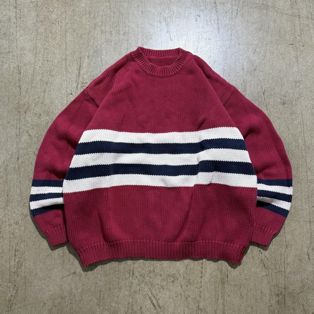 Chunky Knit Striped Sweater Mens XL Pink Navy White Crewneck Pullover Casual